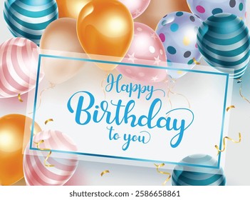 Birthday greeting vector template design. Happy birthday text in frame with colorful balloons and pattern for birth day space messages. Vector illustration.
