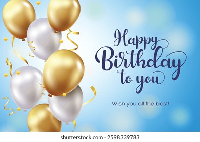 Birthday greeting vector template design. Happy birthday to you text with balloons and confetti floating in blue background for birthday party celebration decoration. Vector illustration.
