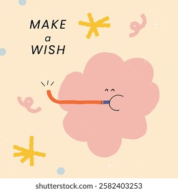 Birthday greetings card with naive and childish style pinky berry character. Vector illustration