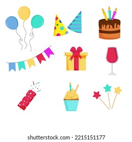 Birthday greetings elements. Festive party objects.