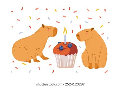 Birthday greetings. Happy birthday, Capybara couple and cupcake with candle, Funny characters for birthday card. Cartoon happy Capybara. Template for poster, greeting card, congratulations.