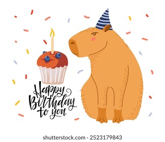 Saudações de aniversário. Feliz aniversário para o seu texto. Capybara bonito, personagem engraçado para o aniversário. Cartum feliz Capybara. Modelo de tipografia manuscrito para cartaz, cartão de saudação, parabéns.