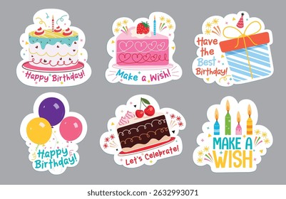 Birthday greetings stickers clipart set. Colorful birthday wishes sticker typography clip art for party gift tags and scrapbook elements decoration collection vector illustration.  
