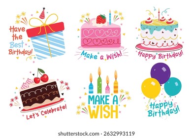 Birthday greetings typography clipart set. Colorful wishes drawing elements clip art with gift box, cake, candles and balloons party decoration collection vector illustration. 
