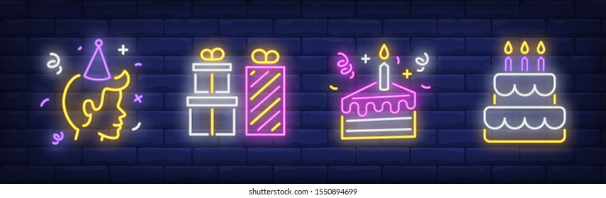 Birthday guy neon sign set. Person in birthday cap, candles, slice of cake. Vector illustration in neon style for topics like celebration, party, surprise, anniversary