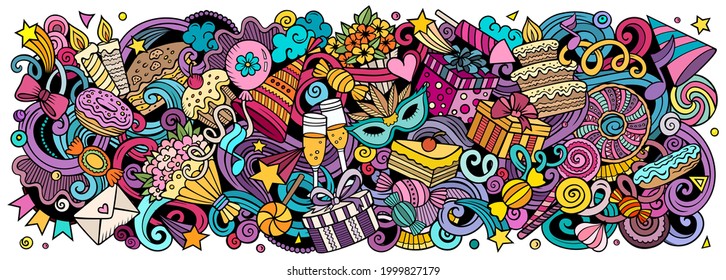 Birthday hand drawn cartoon doodles illustration. Holiday funny objects and elements poster design. Creative background. Colorful vector banner