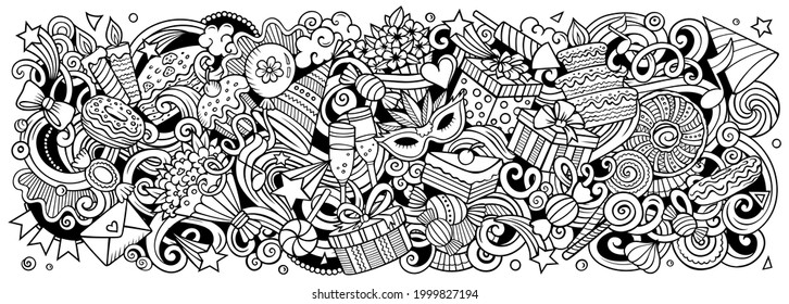 Birthday hand drawn cartoon doodles illustration. Holiday funny objects and elements poster design. Creative background. Sketchy vector banner