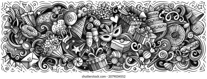 Birthday hand drawn cartoon doodles illustration. Holiday funny objects and elements poster design. Creative background. Monochrome vector banner