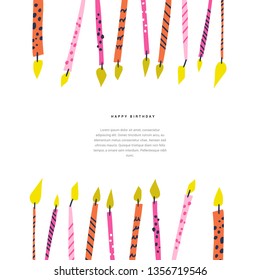 Birthday hand drawn greeting card template. Happy B-day postcard vector layout with text space. Glowing festive candles poster. Gift shop poster, web banner with copyspace. Anniversary celebration