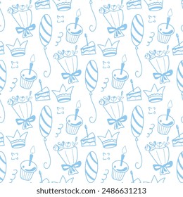 Birthday hand drawn seamless pattern. White background with blue silhouette of birthday party elements and attributes. Festive doodle sketch style print for textile, packaging, design, vector graphics