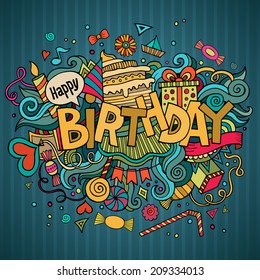 Birthday hand lettering and doodles elements background. Vector illustration