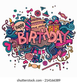 Birthday hand lettering and doodles elements background. Vector illustration