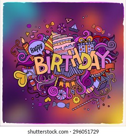 Birthday hand lettering and doodles elements background. Vector illustration
