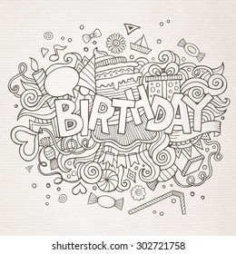 Birthday hand lettering and doodles elements background. Vector illustration