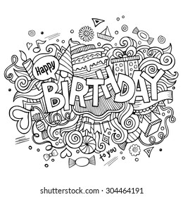 Birthday hand lettering and doodles elements background. Vector illustration