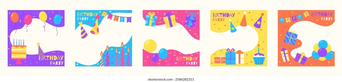 Birthday happy card kids template. Social media post photo on background banner, design frame, colorful gift. Baby holiday decoration, childish party greeting image. Vector celebrate garish flyer