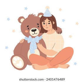 Birthday. Happy woman hugging teddy bear toy. Vector illustration in flat style 