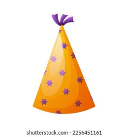 Birthday hat, accessory for celebration with decoration in cartoon style isolated on white background. Bright paper cone.