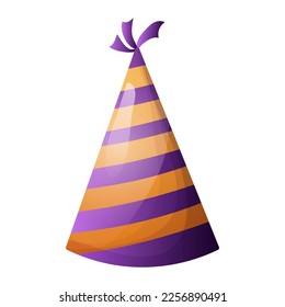 Birthday hat, accessory for celebration with decoration in cartoon style isolated on white background. Bright paper cone.