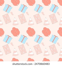 Sombrero de cumpleaños, globos sin patrón. Celebración de aniversario sin fin de fondo. tapa de repetición de Festiva. Regalos y regalos bucle azulejo de adorno. Vector dibujado a mano ilustración plana.