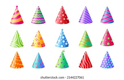 Birthday hat. Cartoon cone party hat with colorful prints, party celebration headwear. Vector set