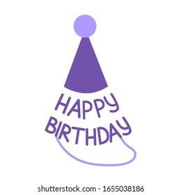 Birthday Hat In Flat Drawing Style. Vector Illustration. Birthday Symbol. Purple Birthday Hat.