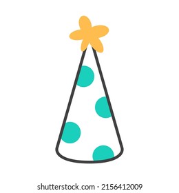 Birthday hat flat line icon with green circles cap on white background. Festive party abstract minimal element design for birthday cards banner invitation. Celebration symbol logo vector illustration.