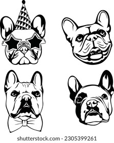 Birthday hat french bulldog, french bulldog set, different head poses, various dogs, bow tie on a dog, dog vector set