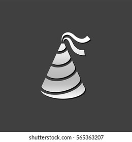 Birthday hat icon in metallic grey color style. Object celebration head wear