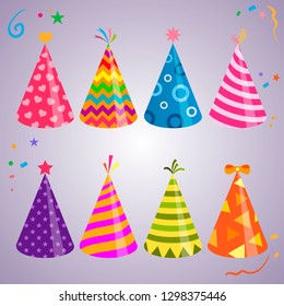 Birthday hat illustrations. Birthday cap illustrations. Colored holiday hats isolated on purple festive bacground. Vector set for events decoration.