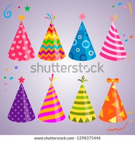 Birthday hat illustrations. Birthday cap illustrations. Colored holiday hats isolated on purple festive bacground. Vector set for events decoration.