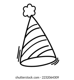 Birthday hat. Line art symbol for web printing and applications. Vector illustration in doodle style hand-drawn isolated on the white background.