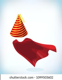 birthday hat. Masquerade costume headdress. Carnival or Halloween Cartoon Vector illustration. Funny super hero flying with cloak. Funny super hero flying with cloak.