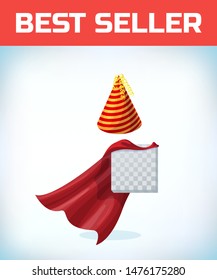 birthday hat. Masquerade costume headdress. Carnival or Halloween Cartoon Vector illustration. Red cape