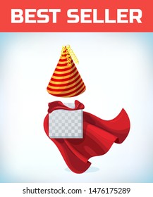 birthday hat. Masquerade costume headdress. Carnival or Halloween Cartoon Vector illustration. Red cape