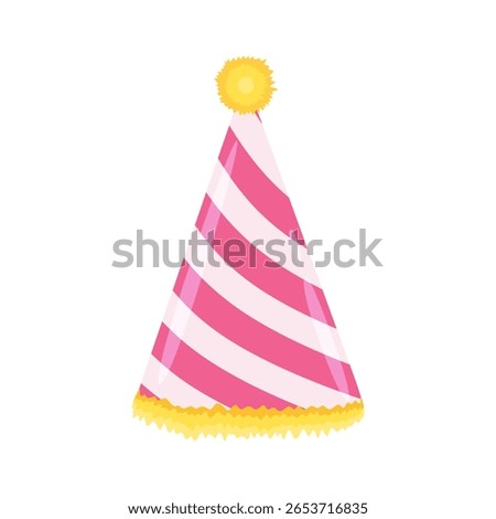 Birthday hat, party cap. Festive cone hat isolated. Funny holiday accessory for celebration. Striped paper head wear in cartoon style. Pointed headwear. Colored flat vector illustration