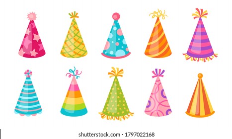 Birthday hat party cap flat set. Cartoon caps different patterns, colors. Traditional colorful cone paper hat collection. Funny anniversary, celebration carnival. Isolated vector illustration