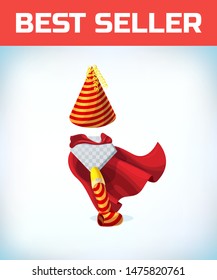 birthday hat and pipe. Masquerade costume headdress. Carnival or Halloween Cartoon Vector illustration. Red cape