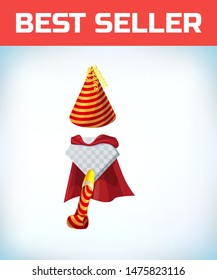 birthday hat and pipe. Masquerade costume headdress. Carnival or Halloween Cartoon Vector illustration. Red cape