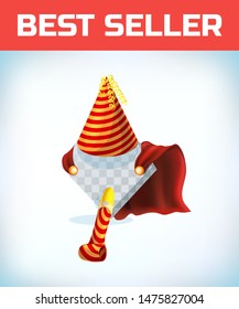 birthday hat and pipe. Masquerade costume headdress. Carnival or Halloween Cartoon Vector illustration. Red cape