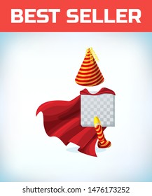 birthday hat and pipe. Masquerade costume headdress. Carnival or Halloween Cartoon Vector illustration. Red cape