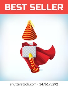 birthday hat and pipe. Masquerade costume headdress. Carnival or Halloween Cartoon Vector illustration. Red cape