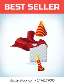 birthday hat and pipe. Masquerade costume headdress. Carnival or Halloween Cartoon Vector illustration. Red cape
