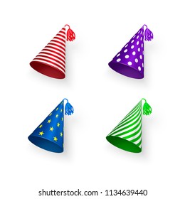 Birthday hat set. Colorful Birthday hats with geometric patterns circles stripes and stars. Vector illustration isolated on white background