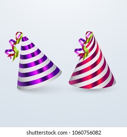 Birthday hat set. Party hat set isolated on a white. Vector fun decoration. Colorful surprise costume. Vector illustration on white background.