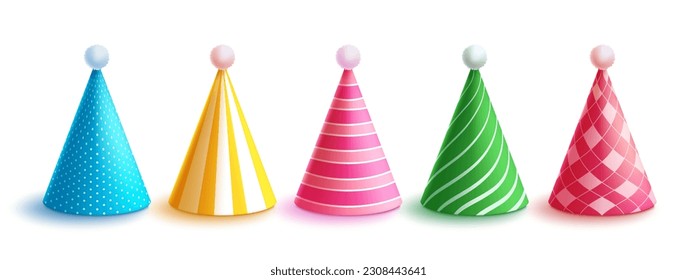 Birthday hat set vector design. Birthday party colorful hats collection isolated in white background. Vector illustration cone elements.