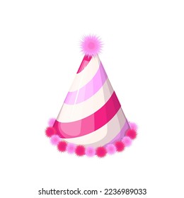 Birthday hat vector illustration. Cartoon isolated paper funny cone cap with red, pink and white stripes for anniversary party, Christmas and carnival celebration, festive hat decoration for holidays