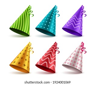 Birthday hat vector set design. Birthday hat 3d realistic elements with patterns for kids party celebrations and event decorations. Vector illustration