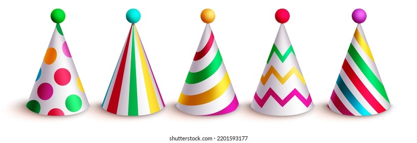 Birthday hat vector set design. Birthday hats colorful collection with dots and stripe pattern for kids party elements. Vector Illustration. 