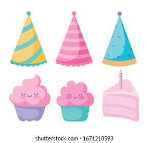 birthday hats, cute cupcakes and cake icon set over white background, colorful design, vector illustration